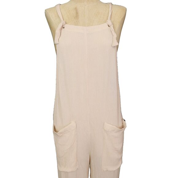 HI RES Juniors Semi-Sheer Gauze Overalls L Crop Straight Leg Beige Airy NEW B23 - Picture 4 of 5